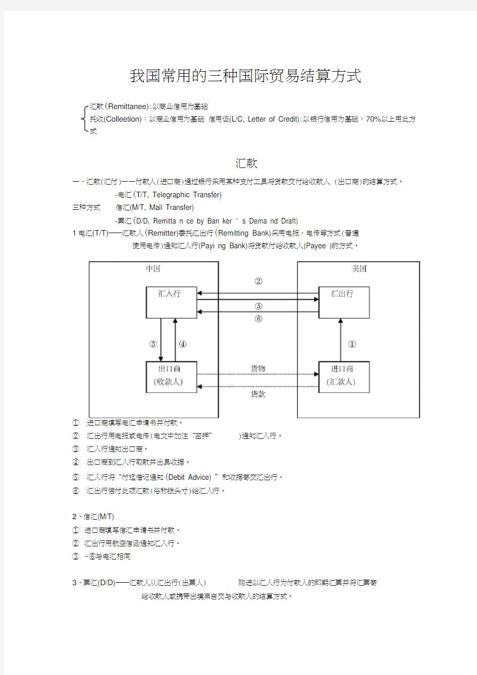 我国常用的三种国际贸易结算方式