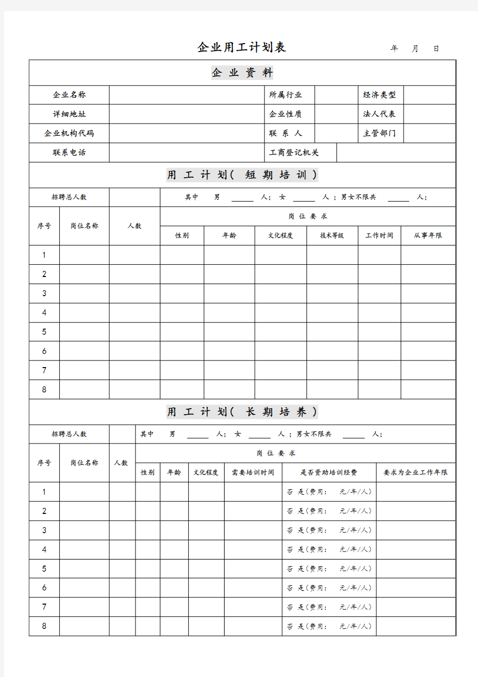 企业用工计划表