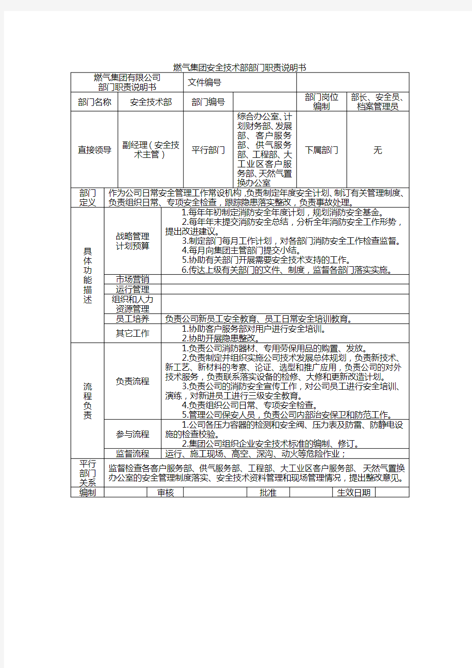 燃气公司安全技术部岗位职责