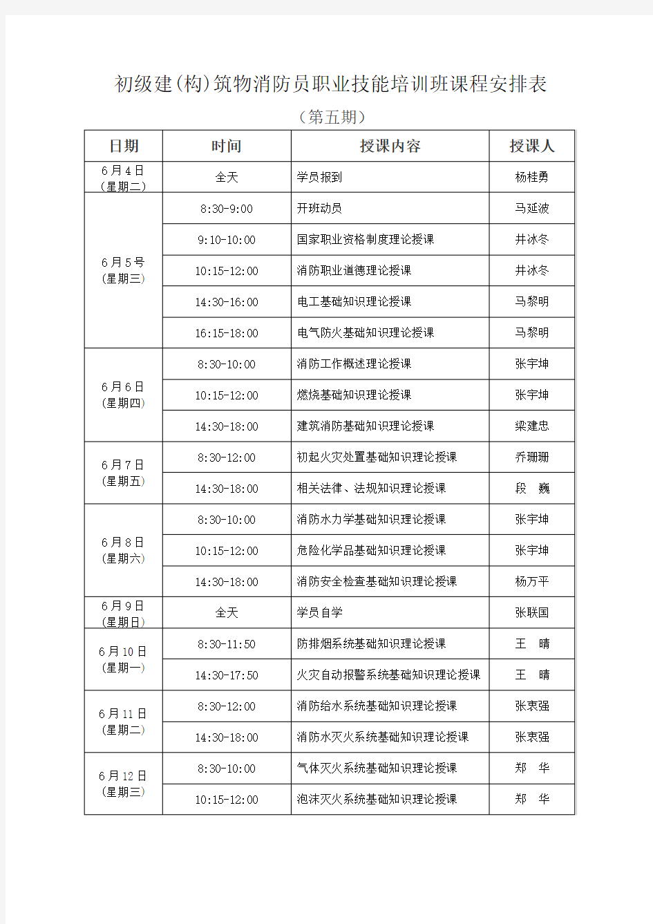 初级建构筑物消防员职业技能培训班课程安排表