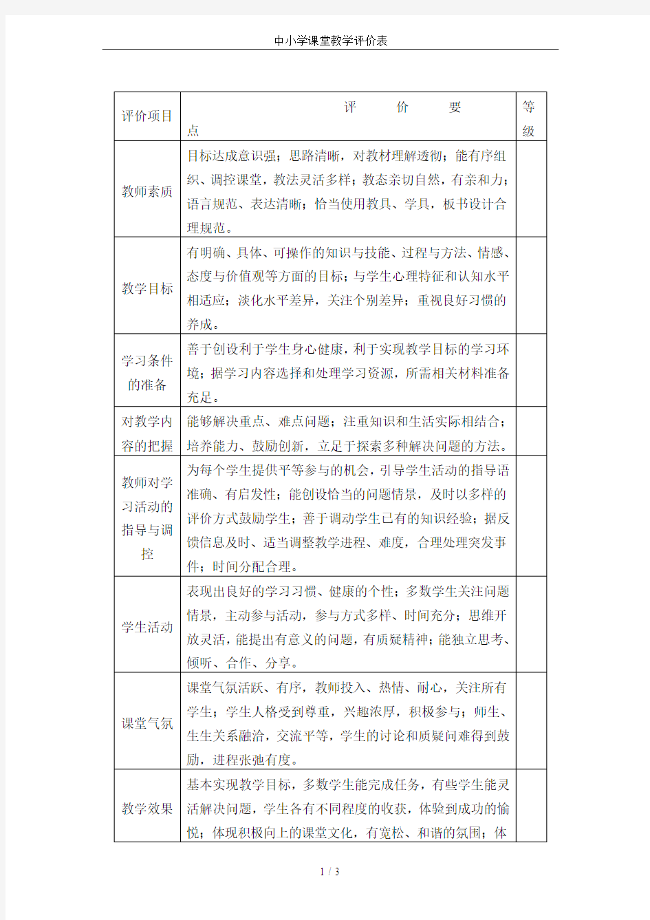 中小学课堂教学评价表