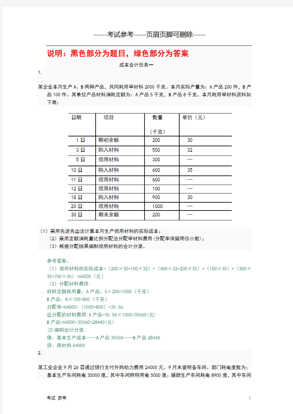 国家开放大学(电大)成本会计形考平台任务1-6答案详解-成考