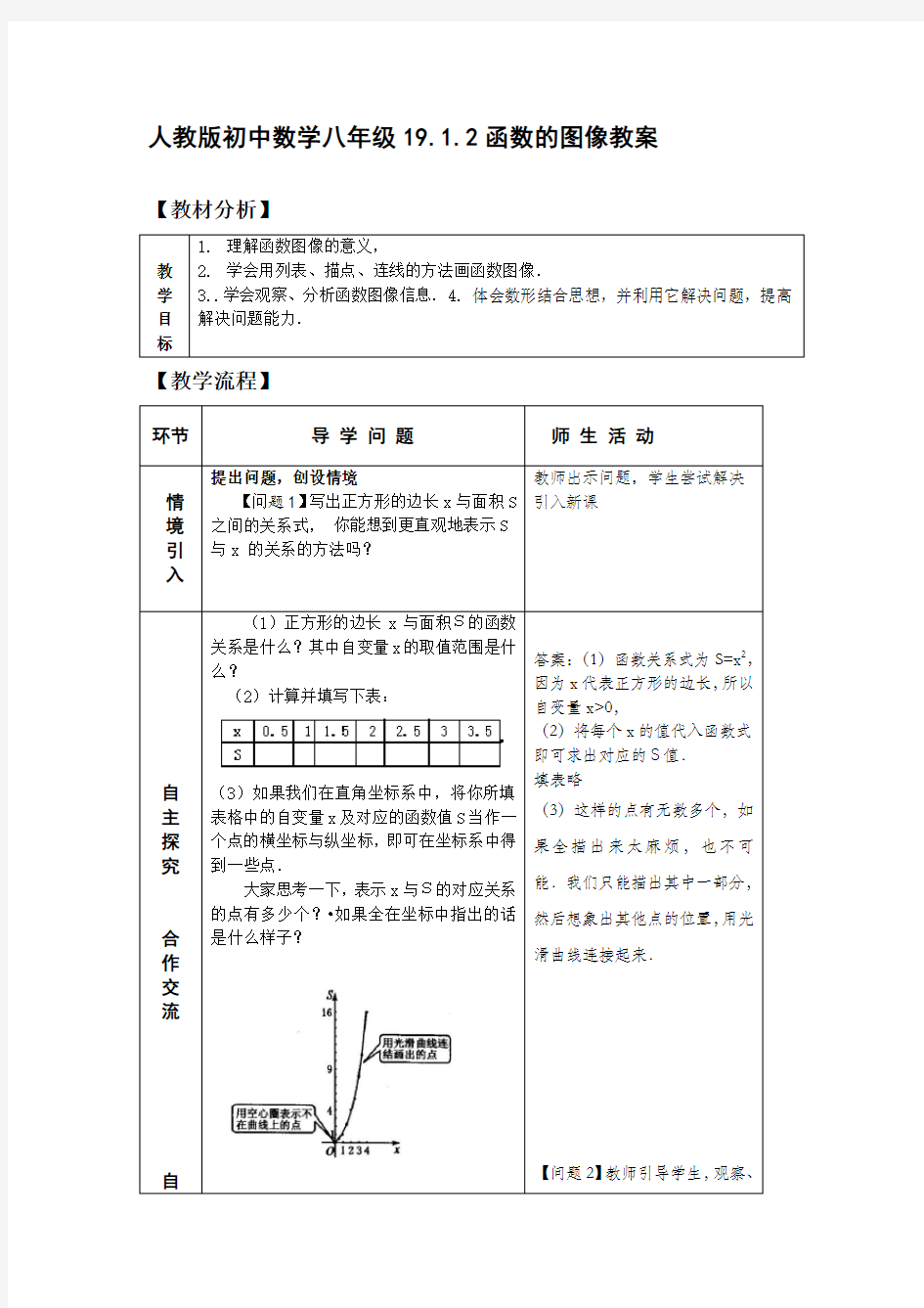 人教版 八年级下册19.1.2函数的图像教案设计