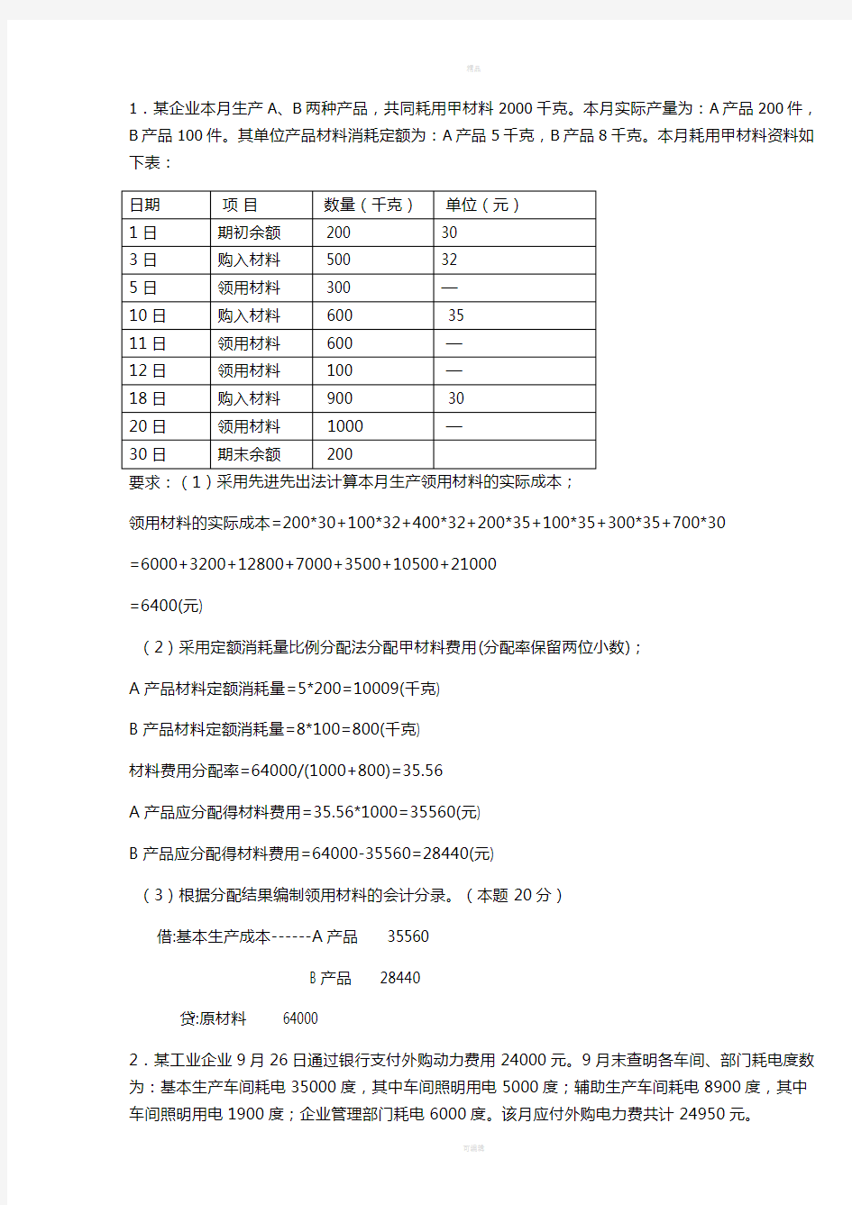 电大成本会计形考任务1