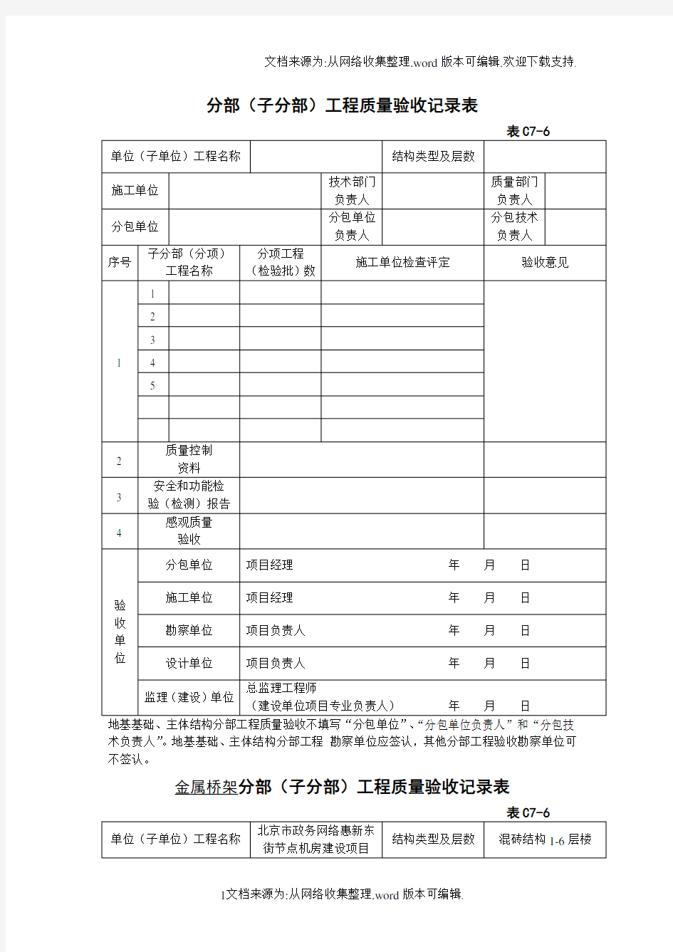 分部子分部工程质量验收记录表