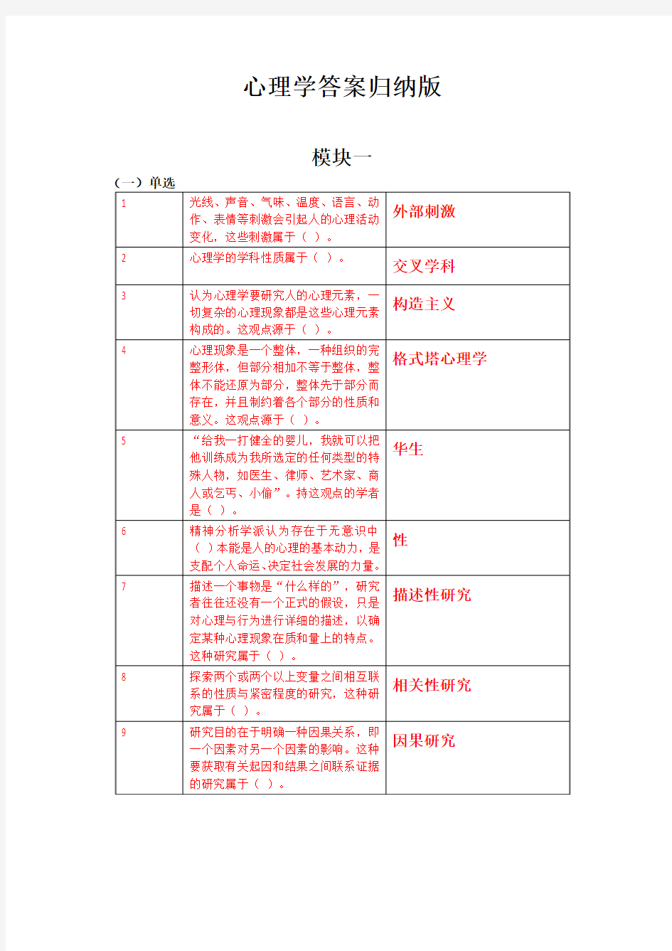 网络课程心理学答案归纳版