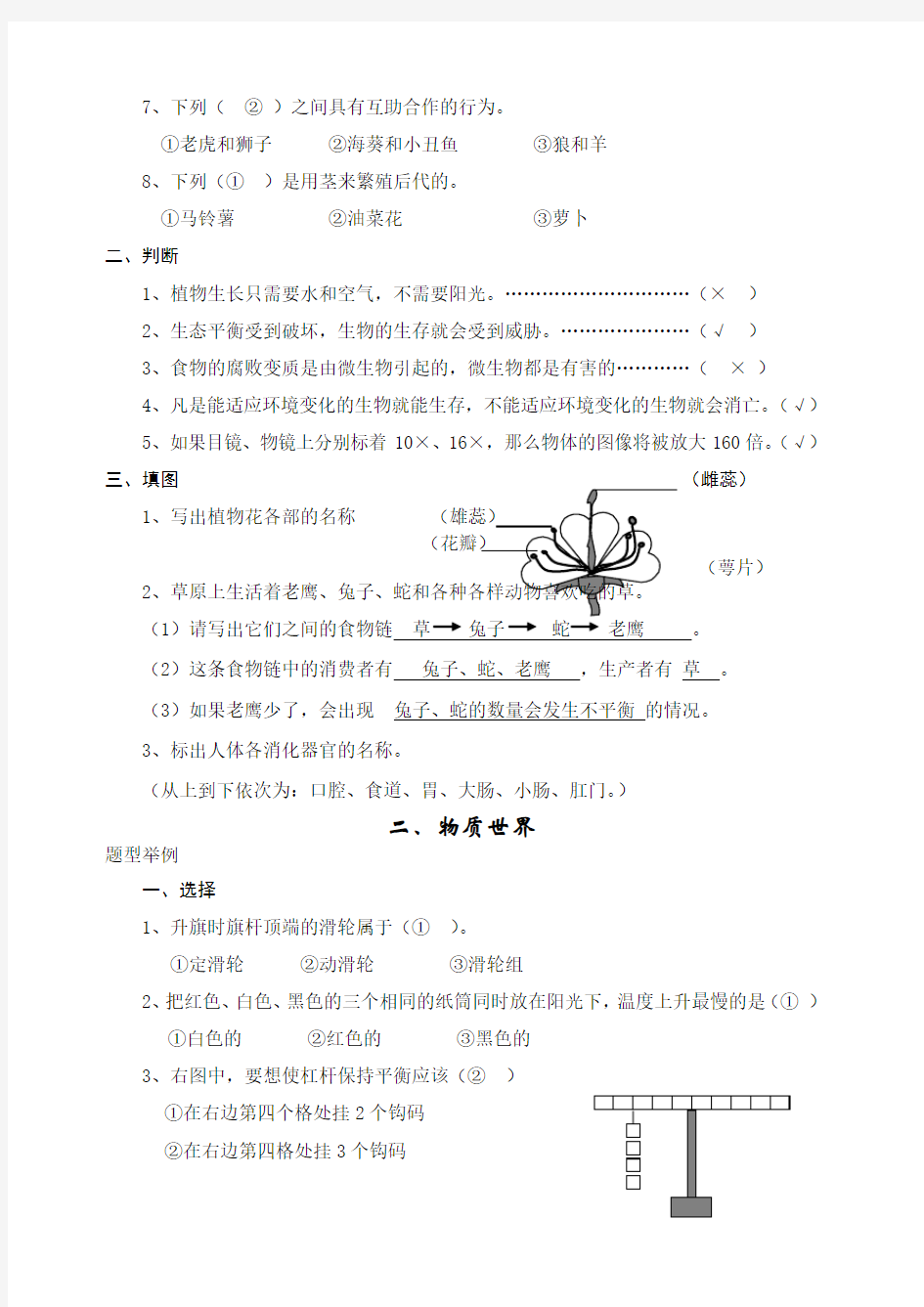 六年级科学复习题有答案