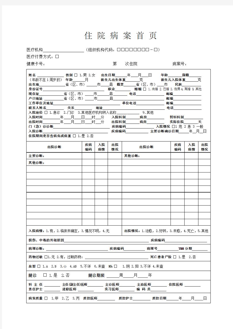 四川省病案首页标准样本及项目填写说明(2014)