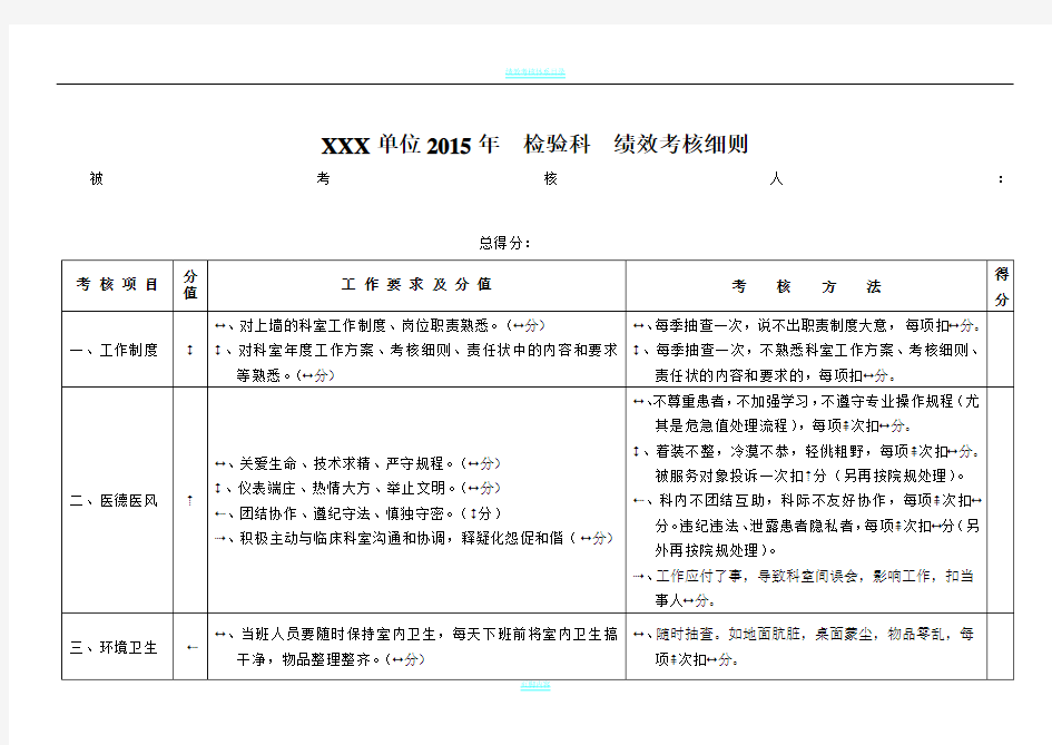 2015年检验科绩效考核细则