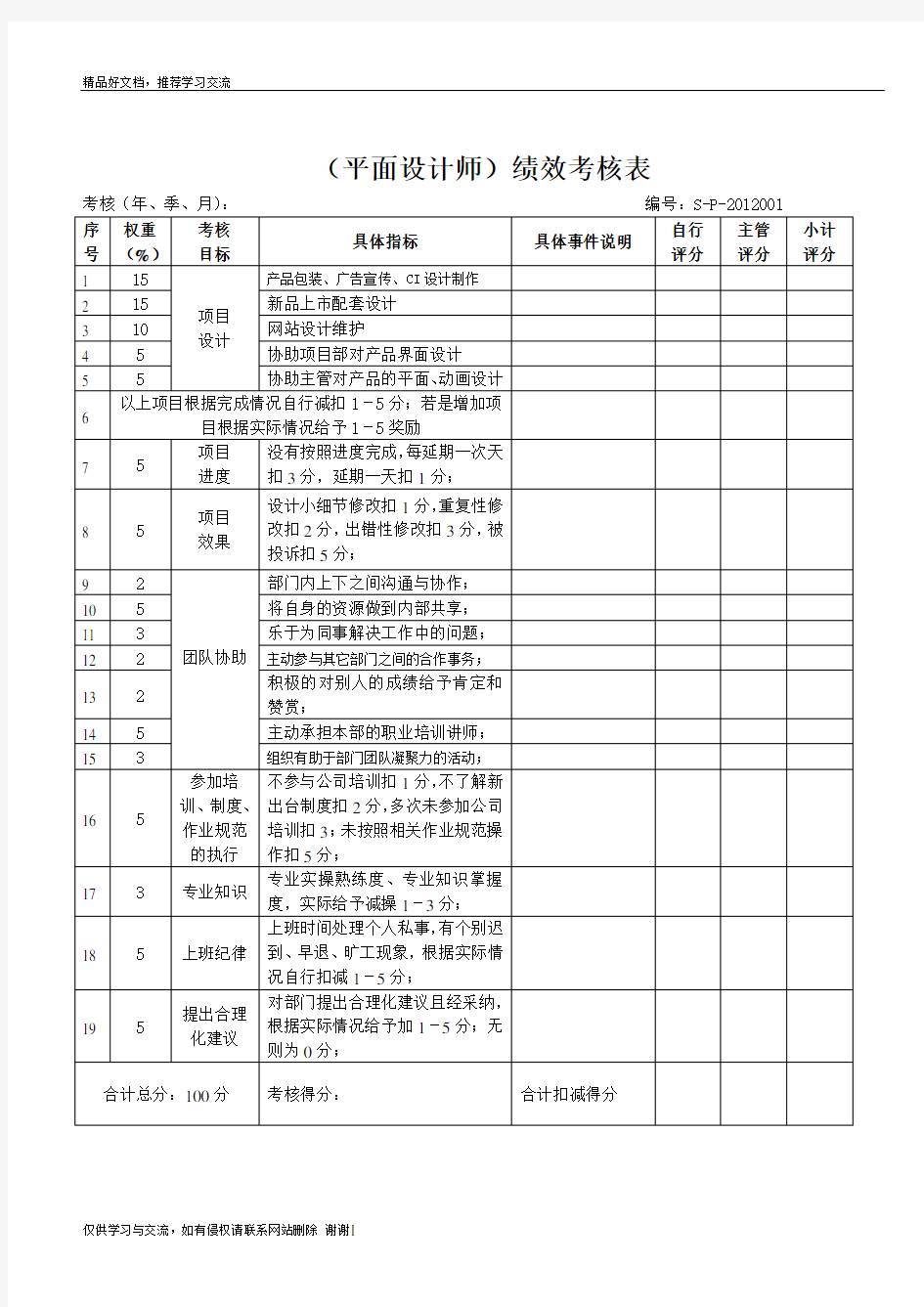 最新平面设计师绩效考核表