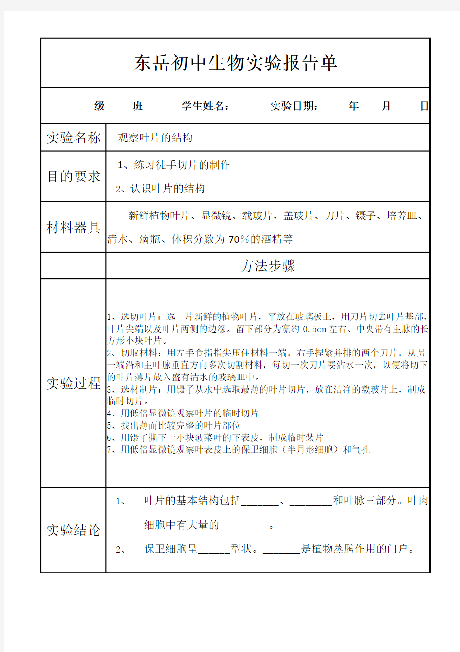 观察叶片的结构实验报告