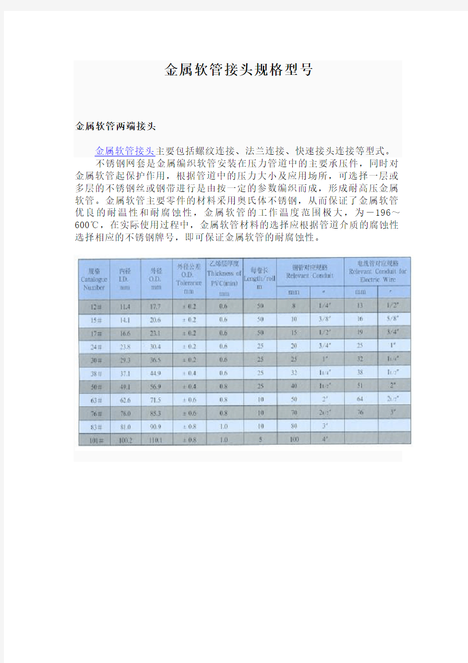 金属软管接头规格型号