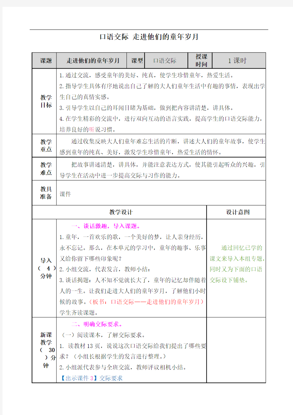 口语交际 走进他们的童年岁月教案