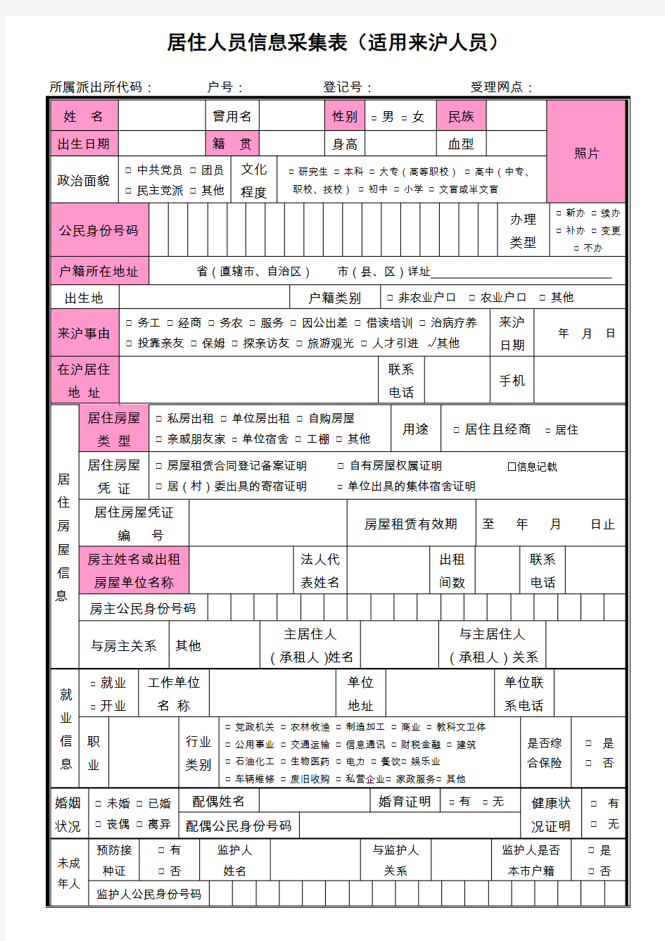 居住人员信息采集表(适用来沪人员)