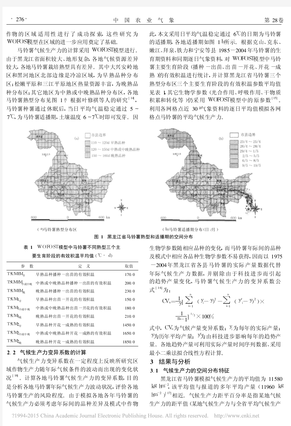黑龙江省马铃薯气候生产力特征及区划