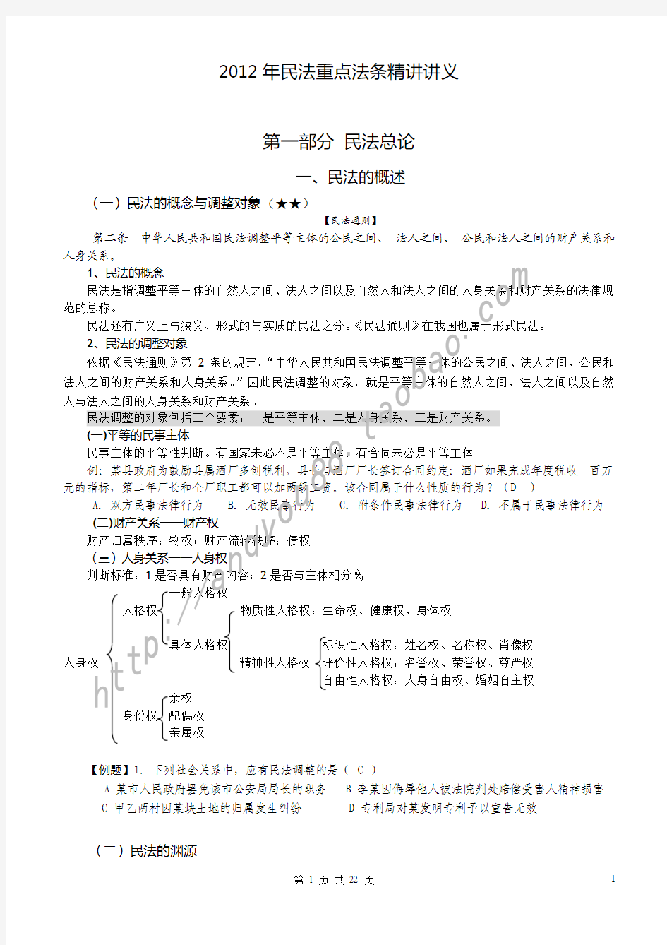 2012年政法干警招录考试民法重点法条精讲