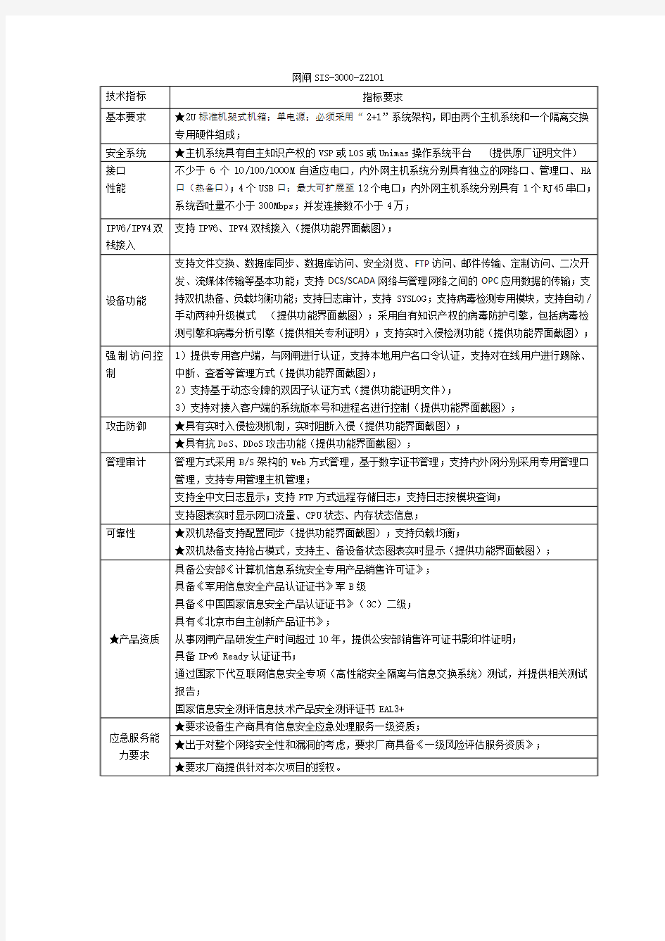 网御网闸SIS-3000-Z2101技术参数