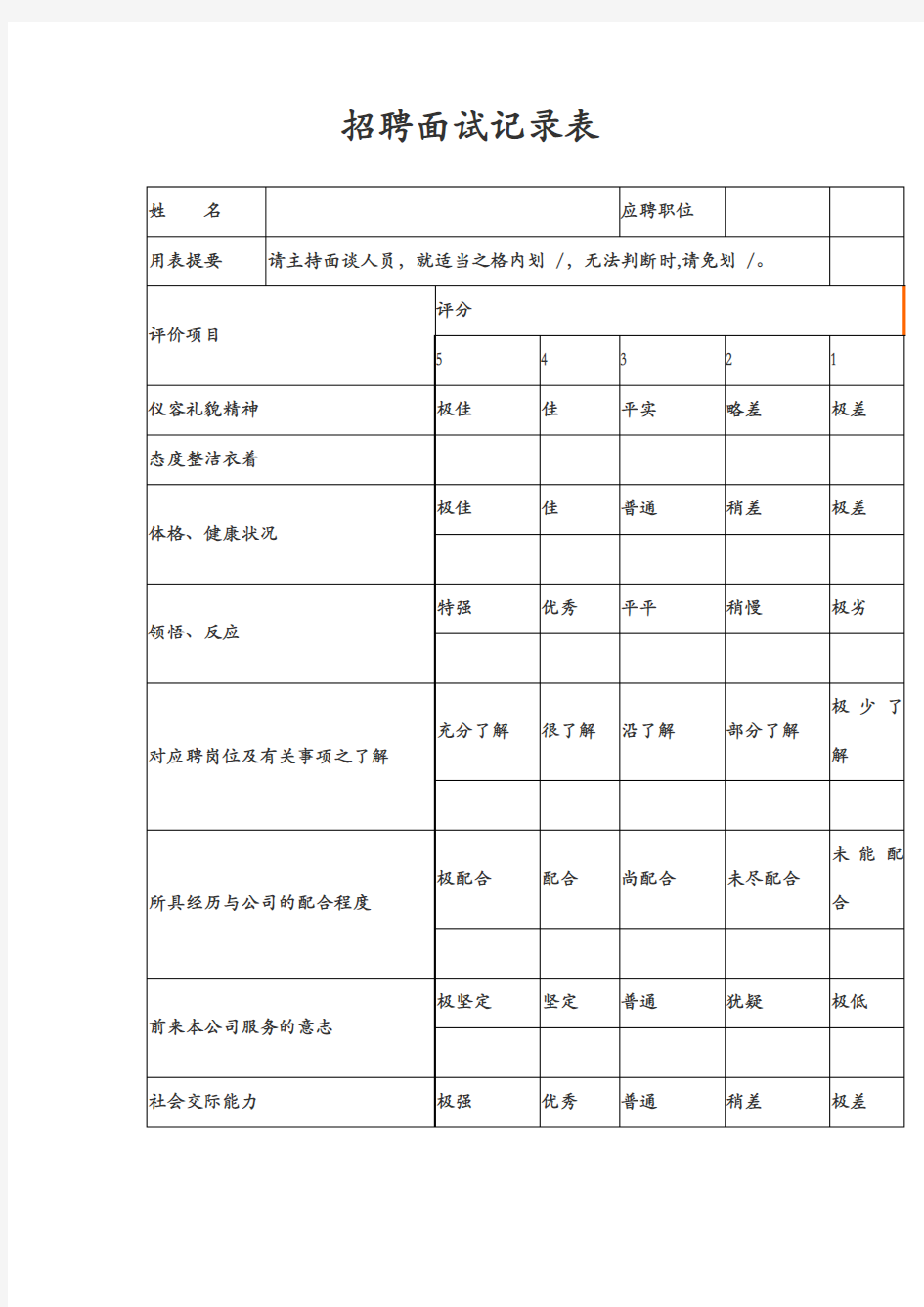 招聘面试记录表