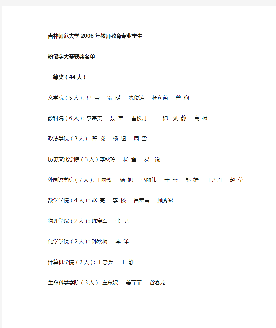 吉林师范大学教师教育专业学生粉笔字大赛获奖名单