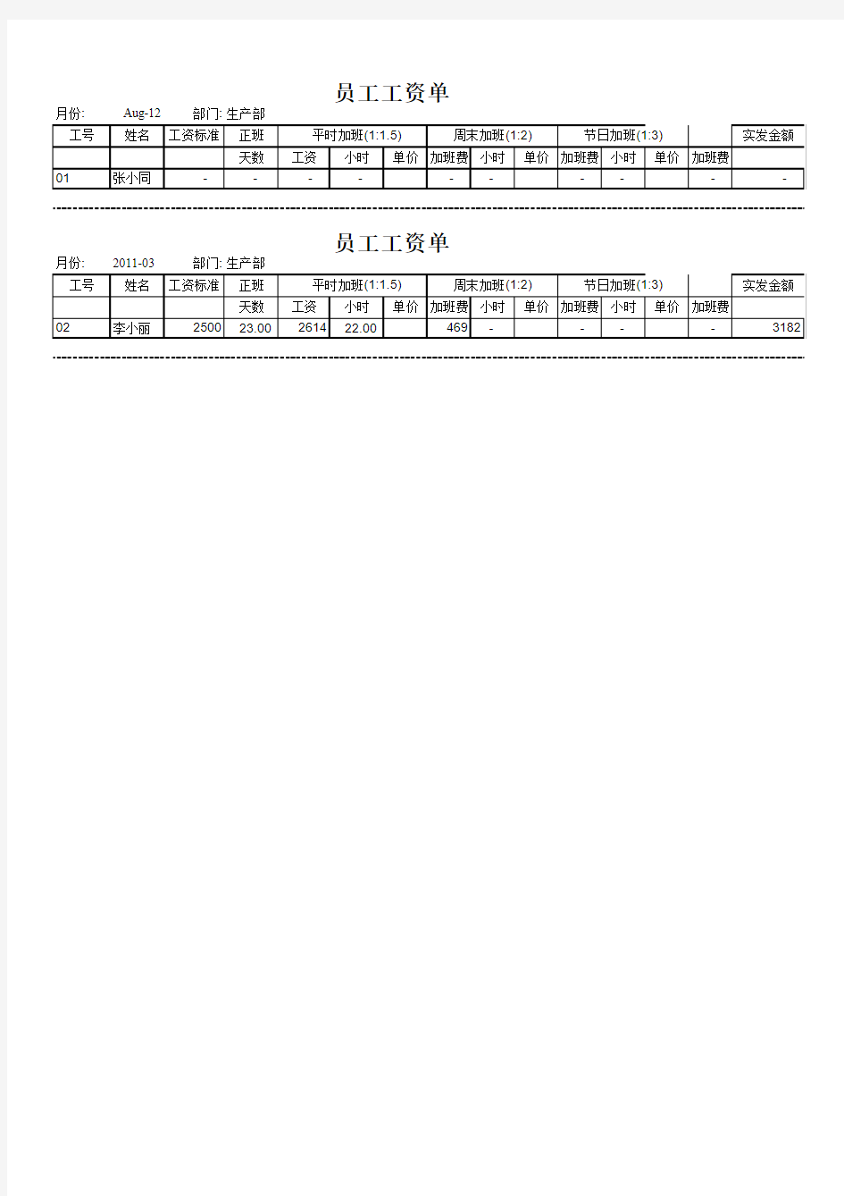 公司单位员工工资条工资表格式模板实例