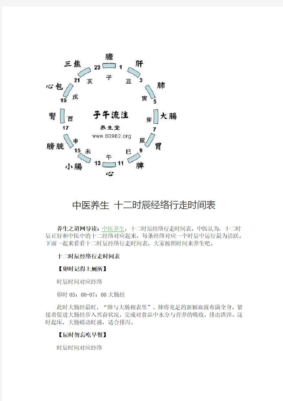 中医养生 十二时辰经络行走时间表