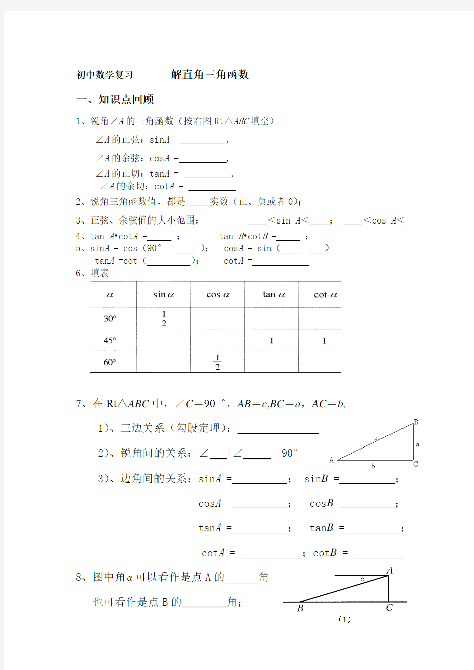 初中数学复习         解直角三角函数