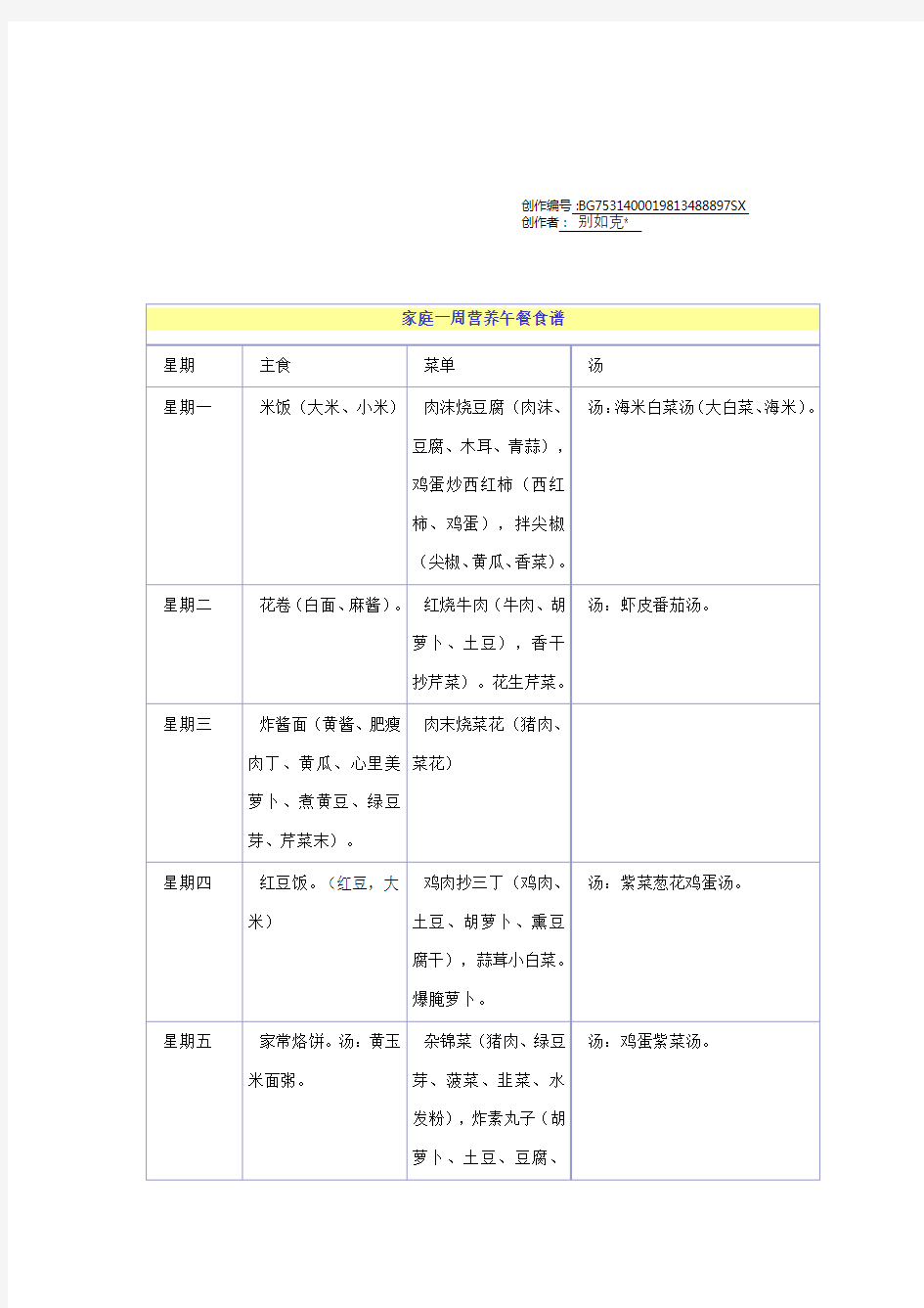 家庭一周营养午餐食谱