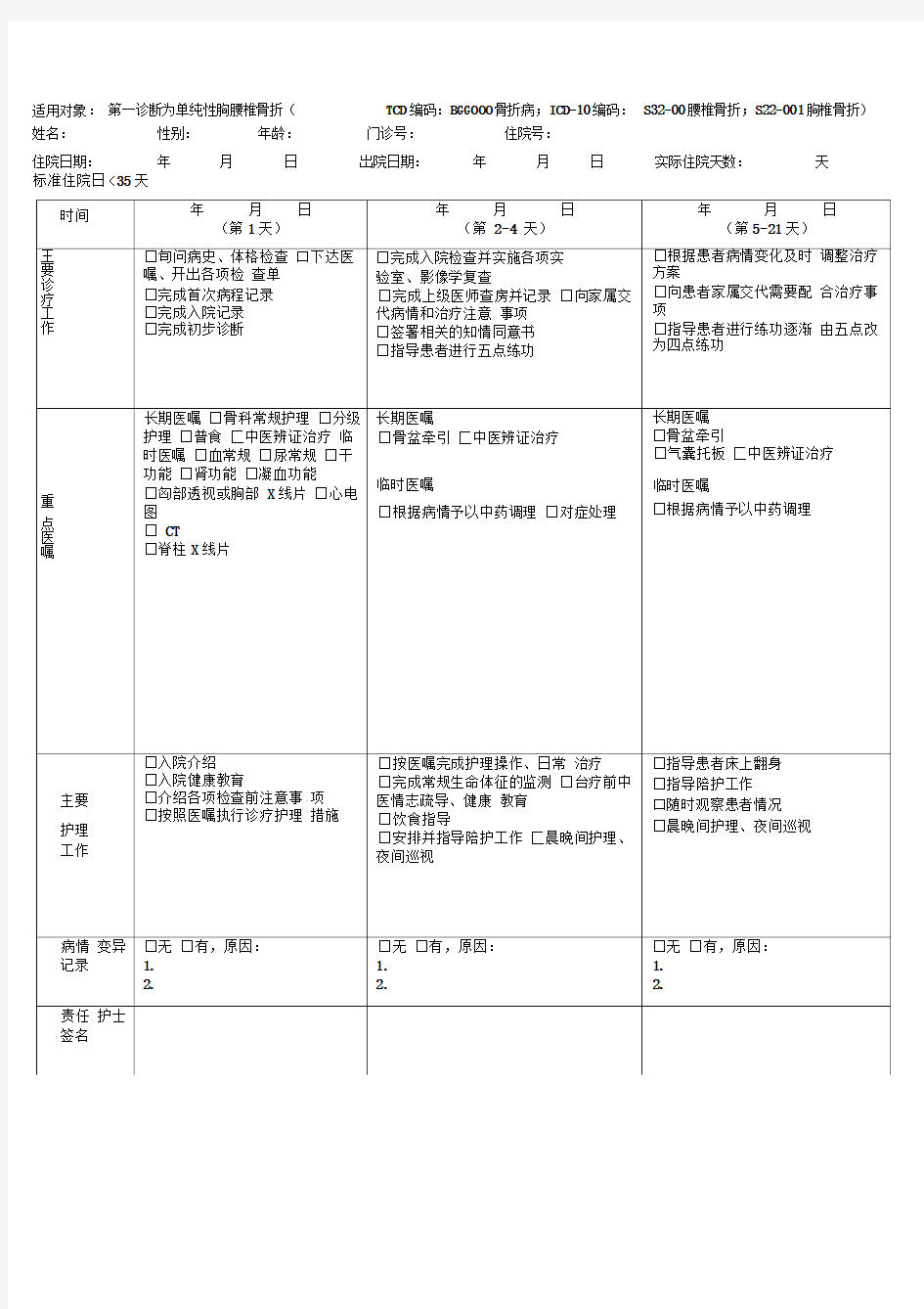 单纯性胸腰椎骨折临床路径住院表单