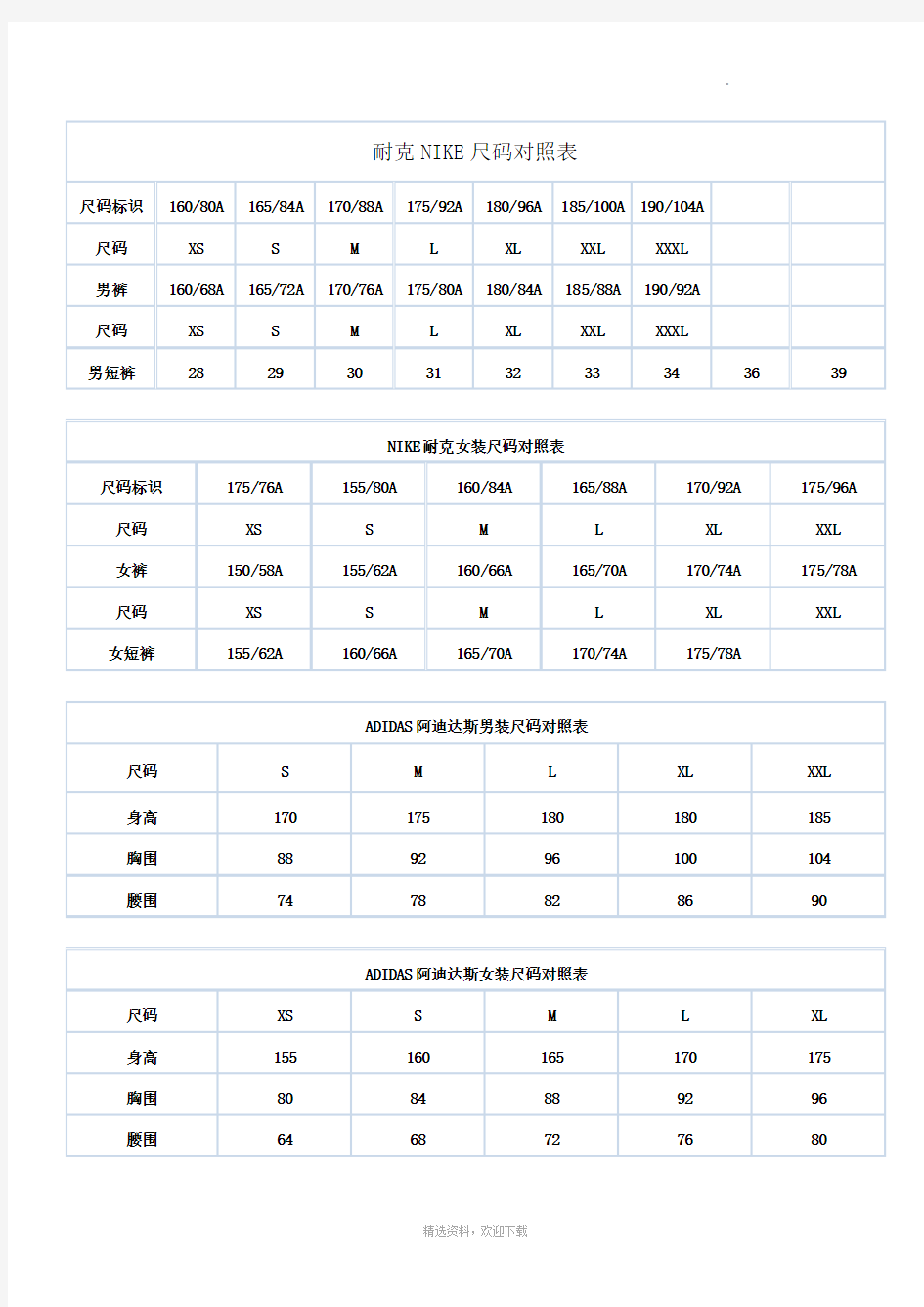 耐克NIKE尺码对照表