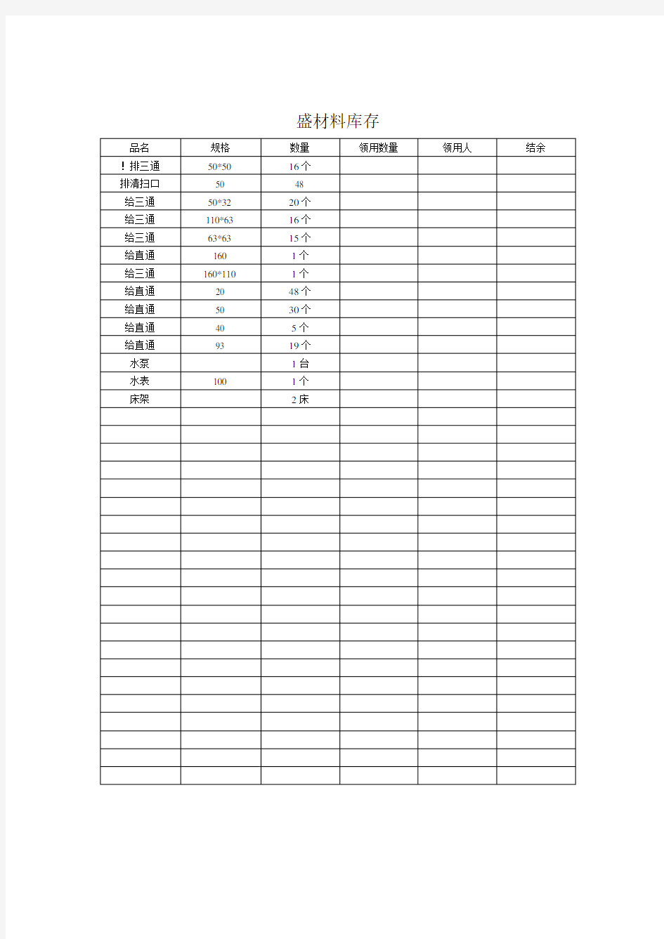 (库存管理)材料库存表