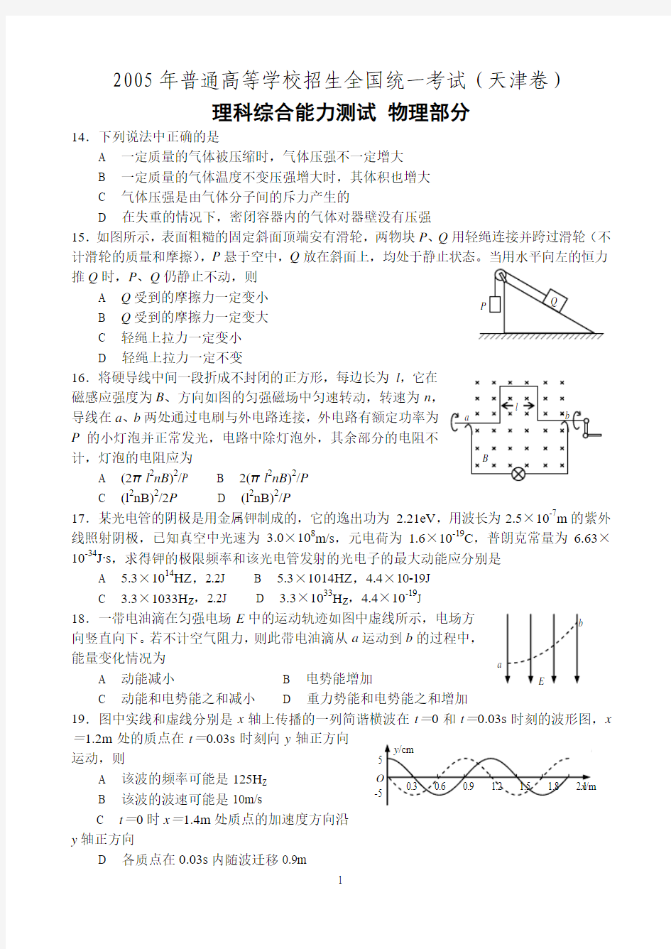 2005年天津高考理综物理精校版(含答案)