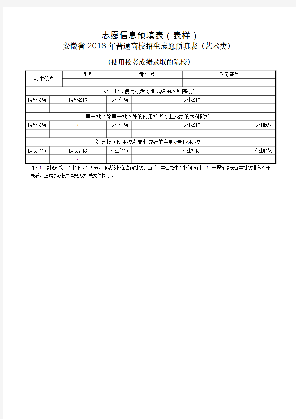 2018年安徽省高考志愿预填表