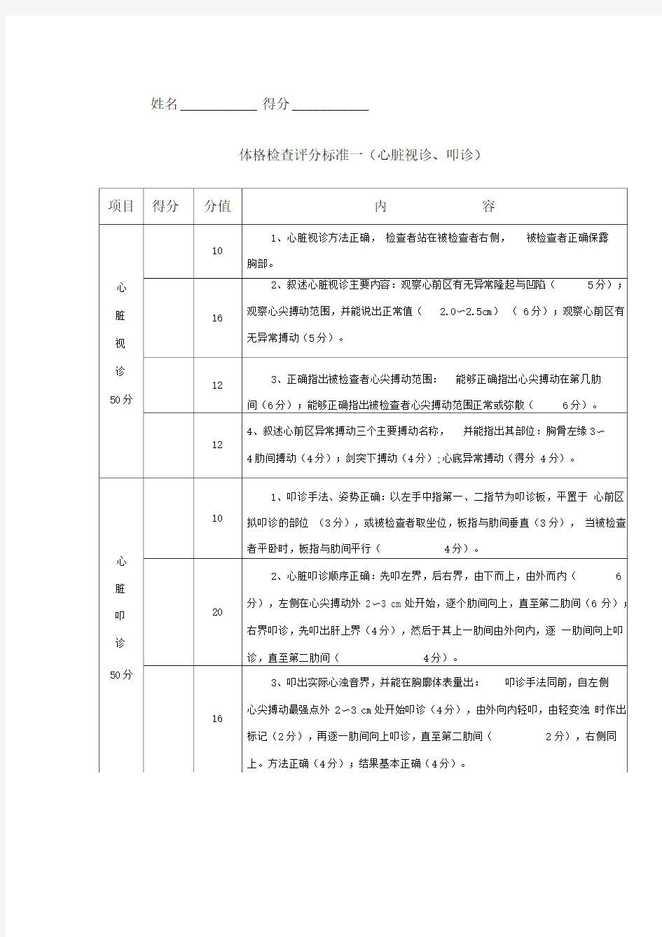 体格检查考核评分表