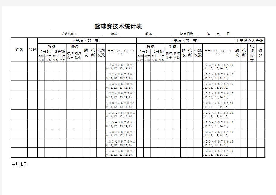 篮球赛技术统计表