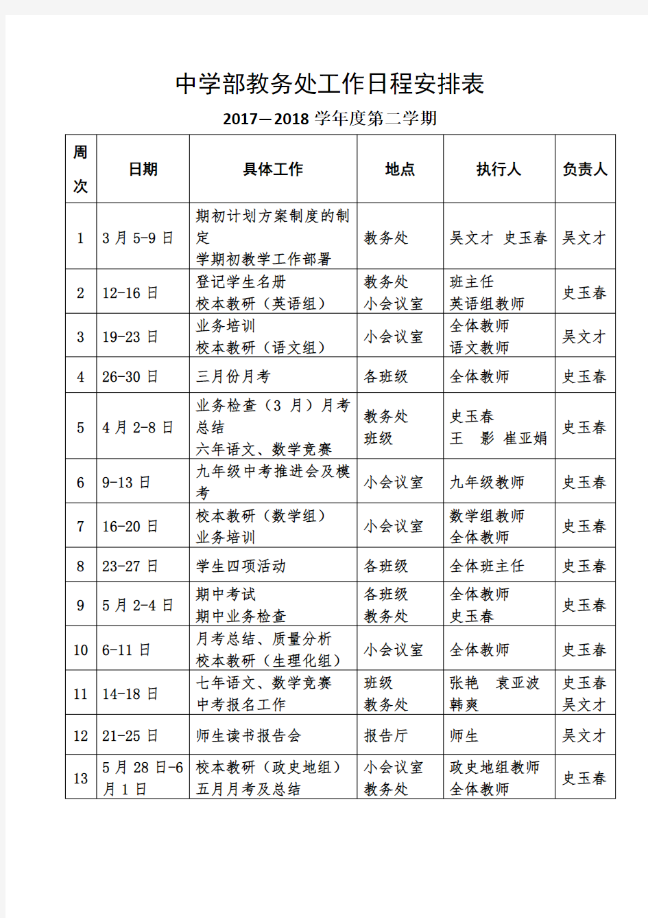 中学部教务处工作日程安排表