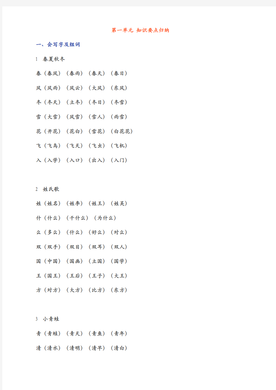 2018年最新人教版一年级语文下册全册单元知识点归纳