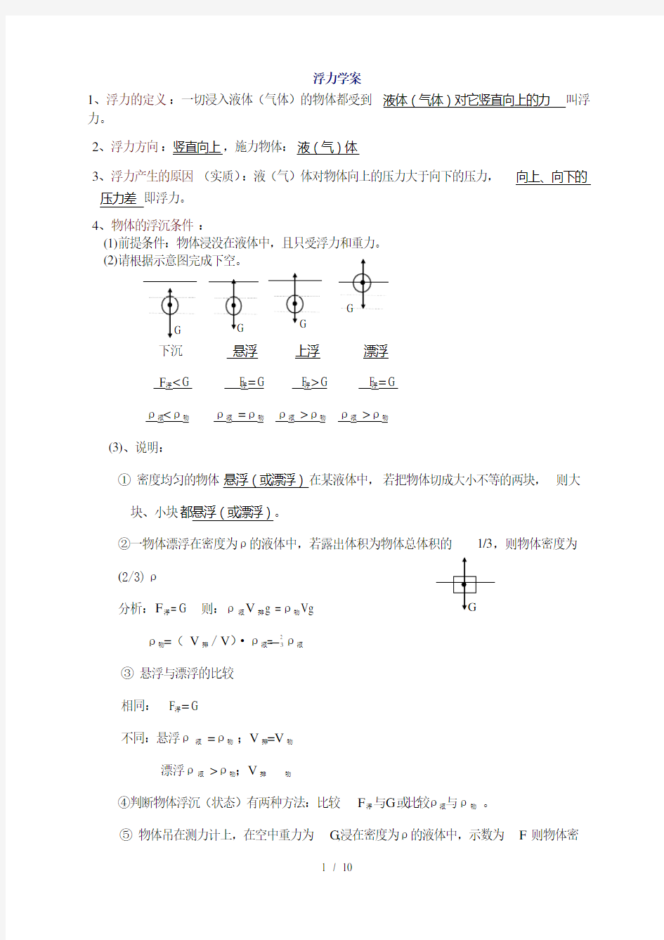 初中浮力知识点和经典例题及答案