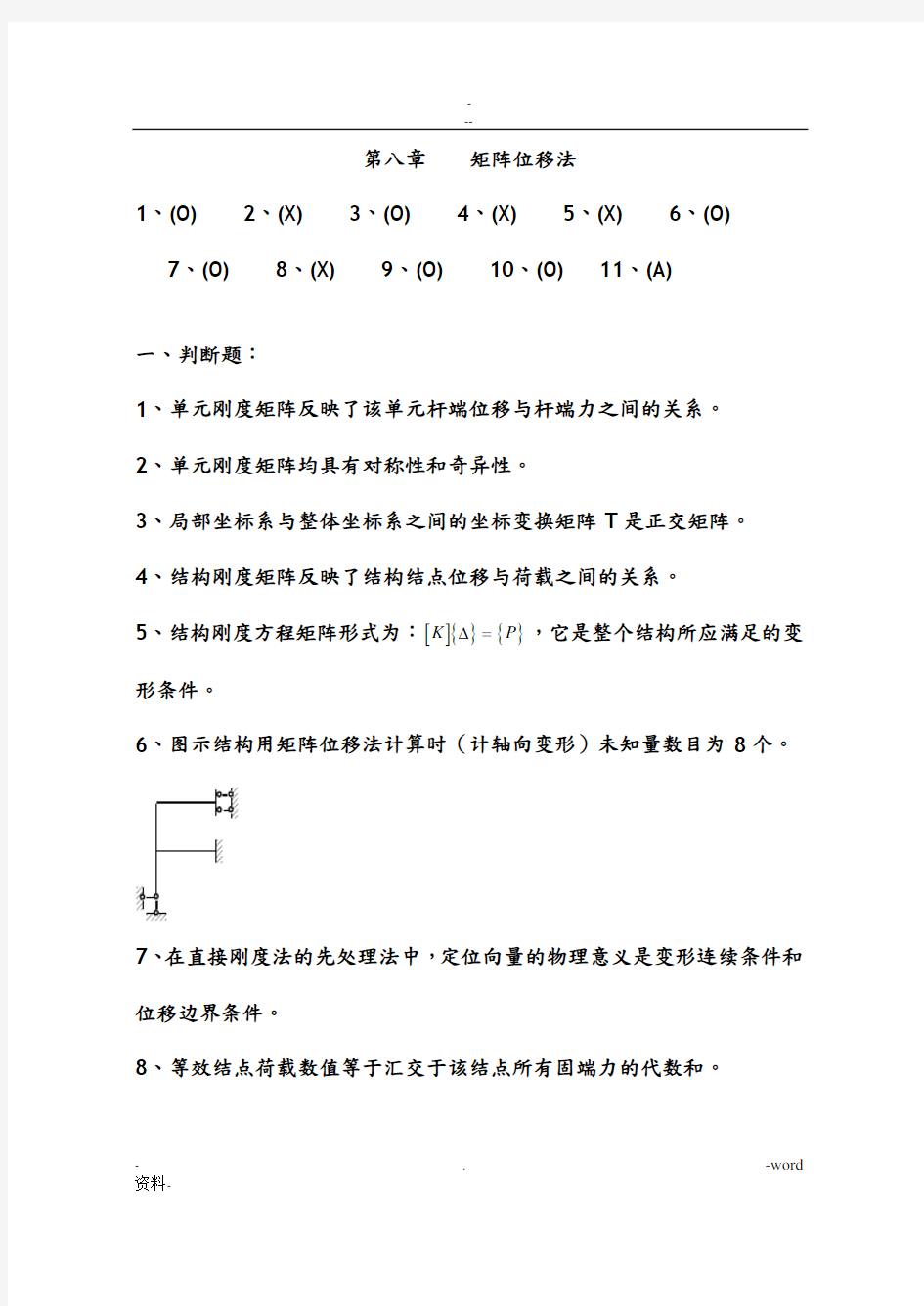 结构力学习题集(下)矩阵位移法习题及答案