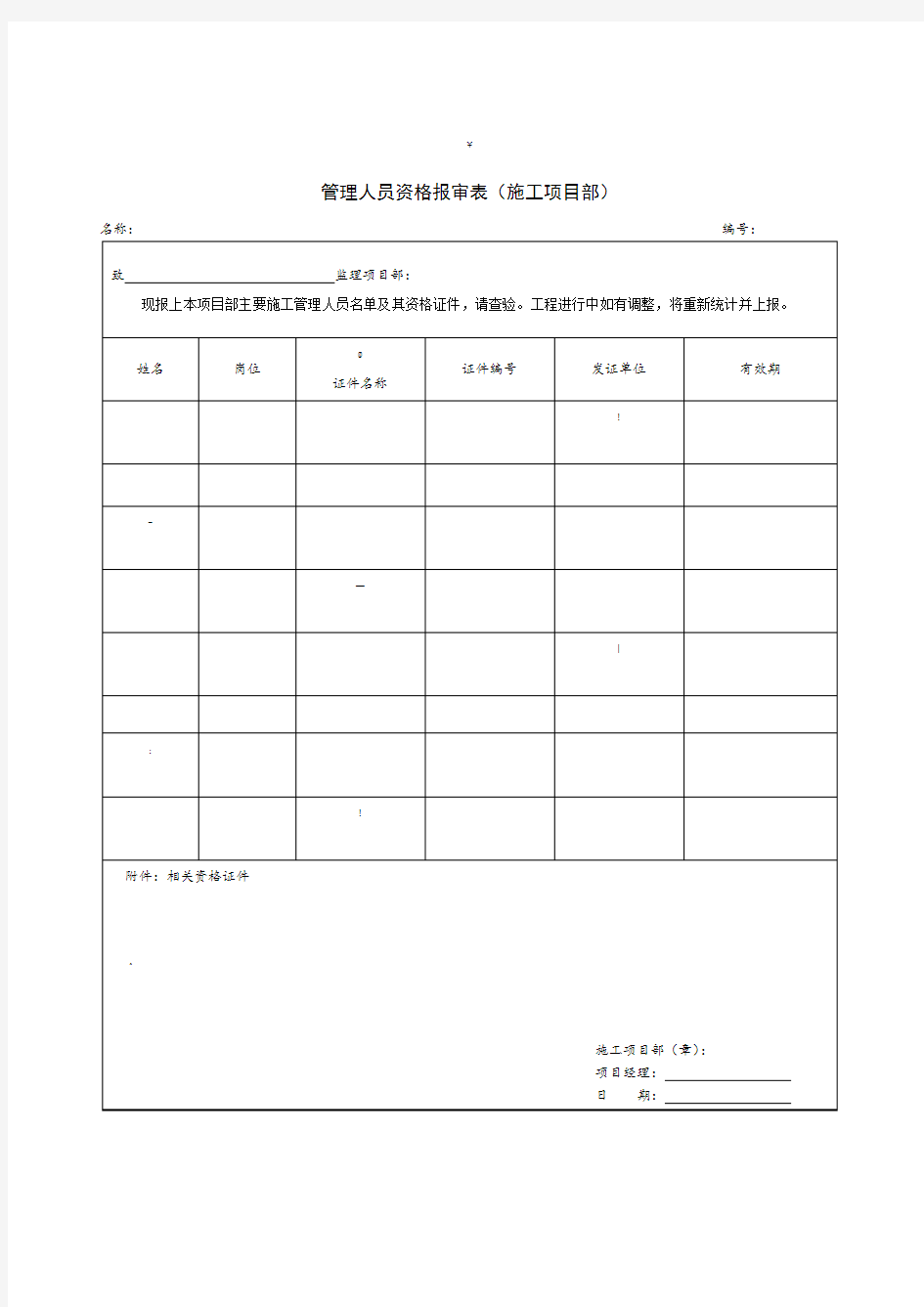 管理人员资格报审表(施工项目部)