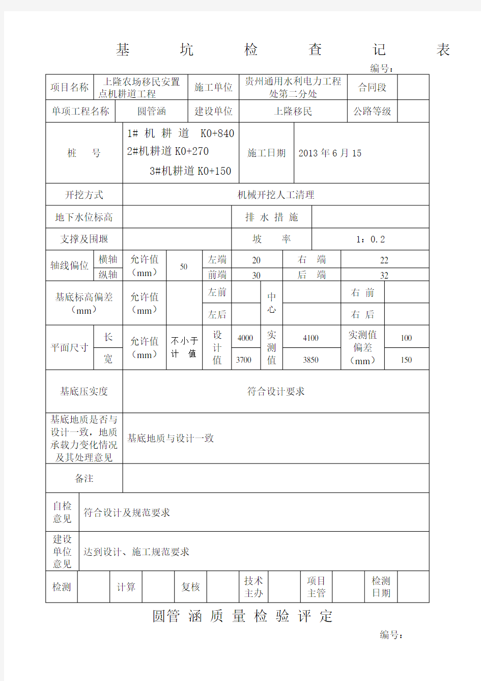 圆管涵质量检验评定表