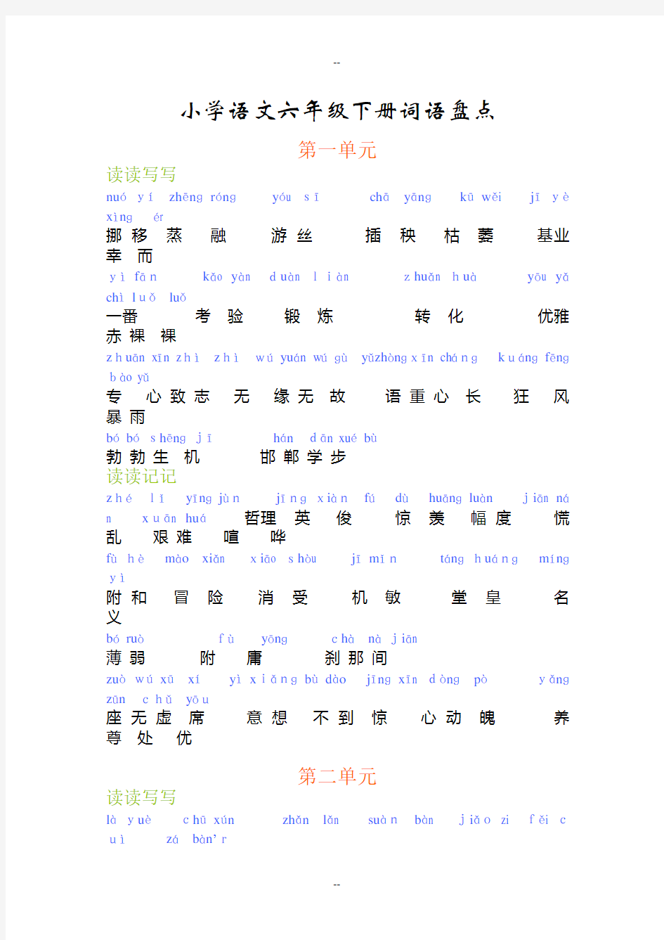 人教版六年级下册词语盘点(注音版)