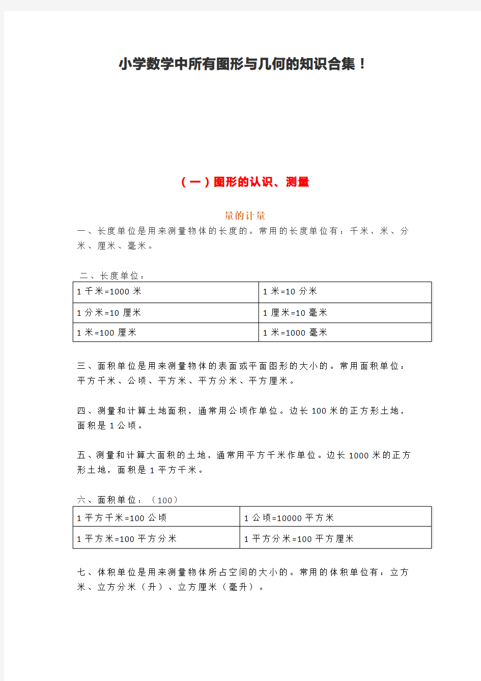 小学数学图形与几何知识总结