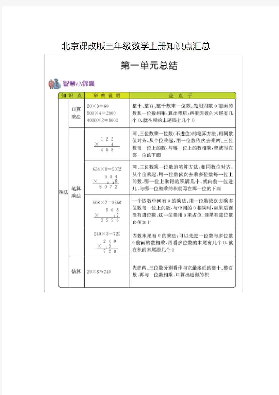 北京课改版三年级数学上册知识点汇总