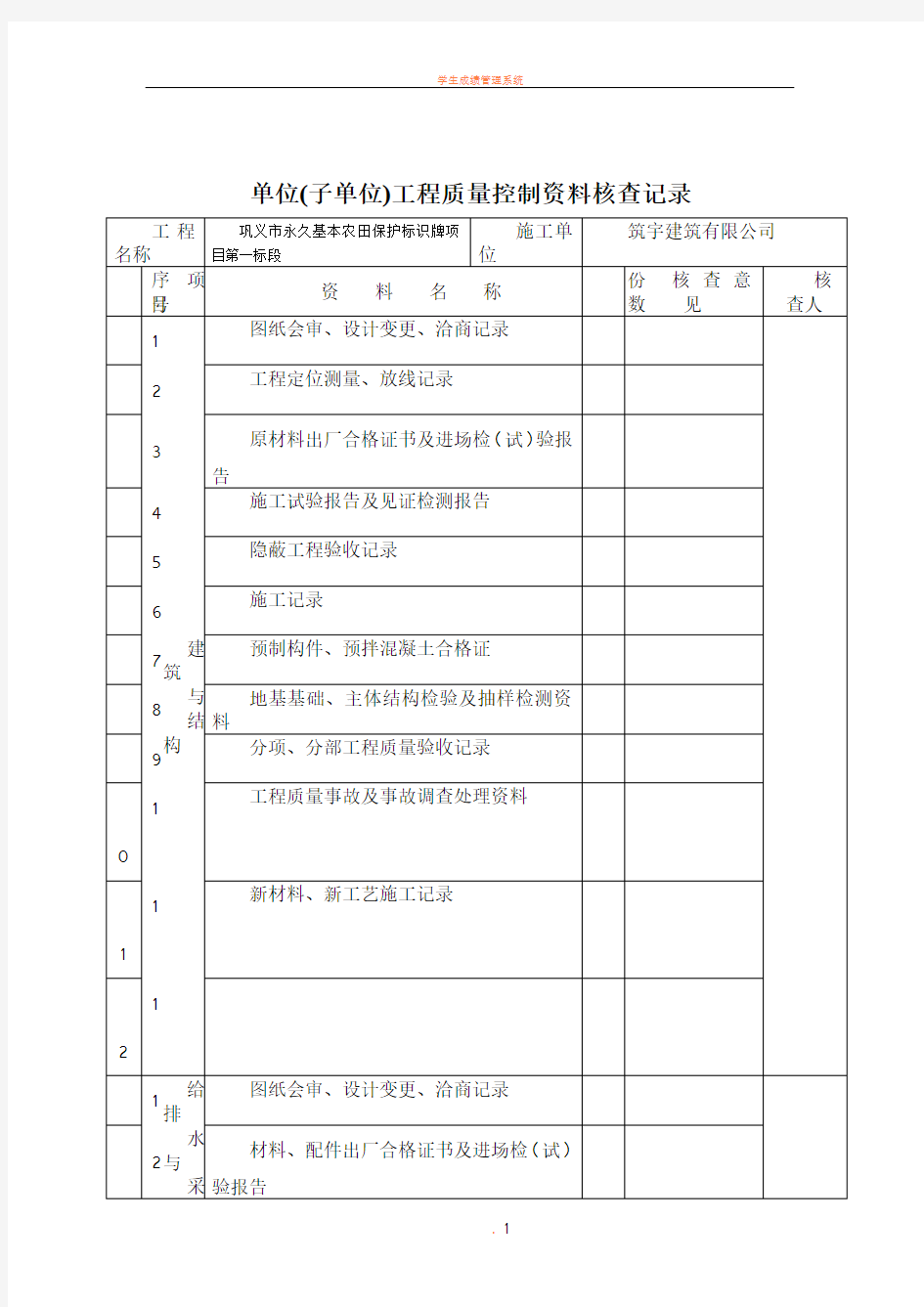 单位工程质量控制资料核查记录