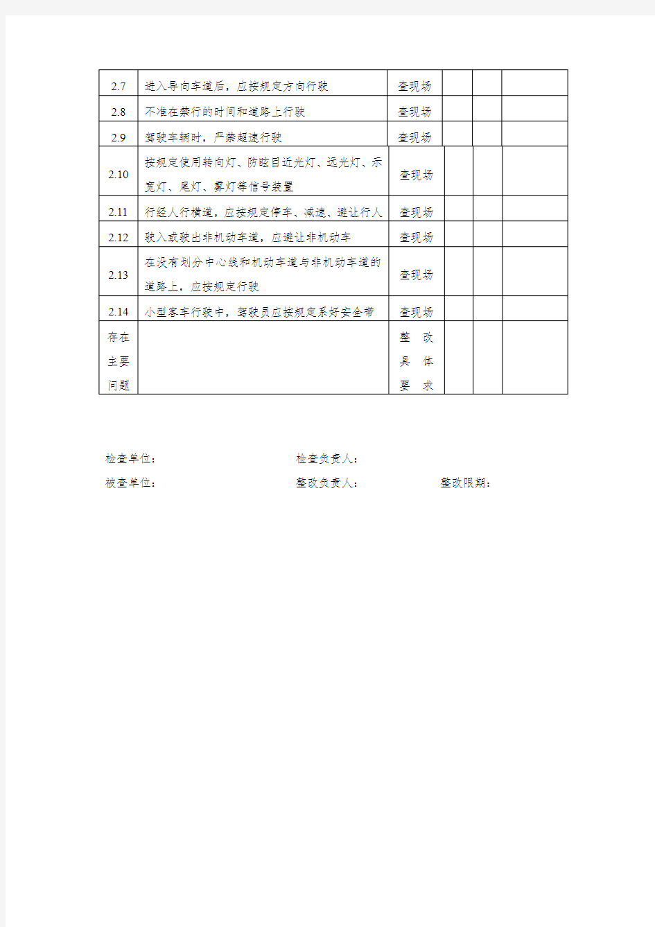 车辆驾驶员安全检查表