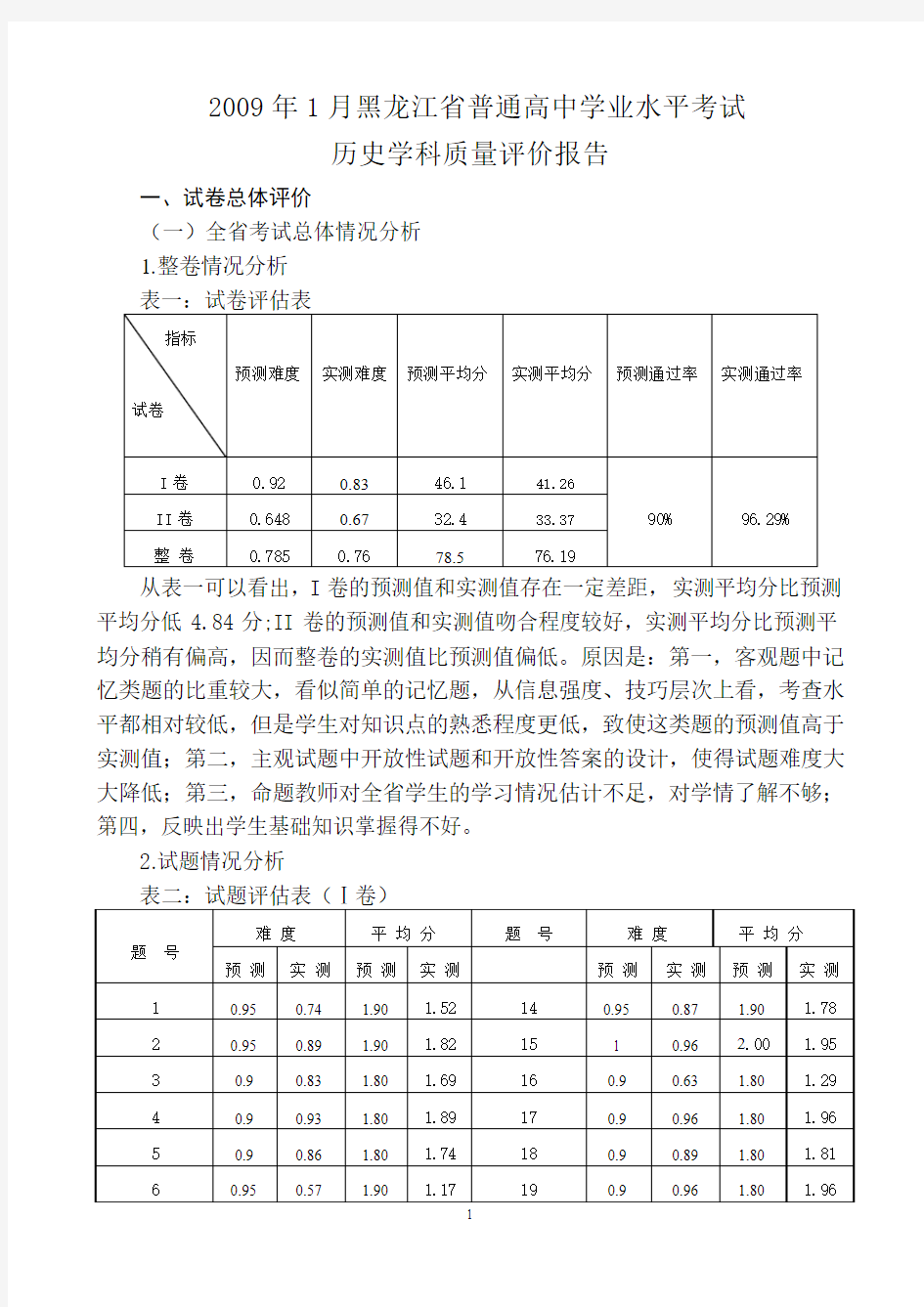 2009年1月黑龙江省普通高中学业水平考试历史学科质量评价报告