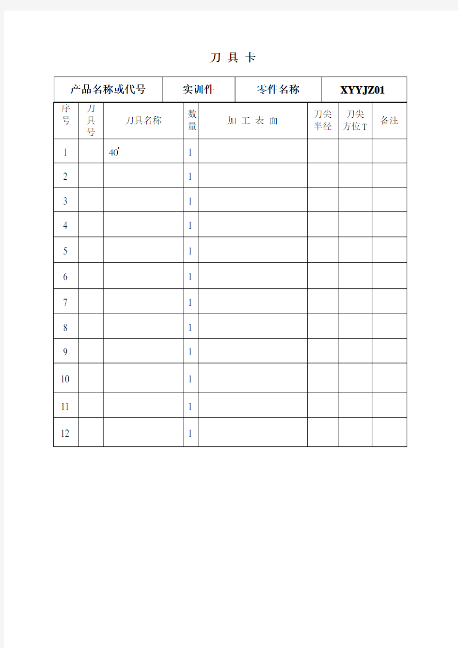 数控加工工艺加工工序卡、刀具卡、