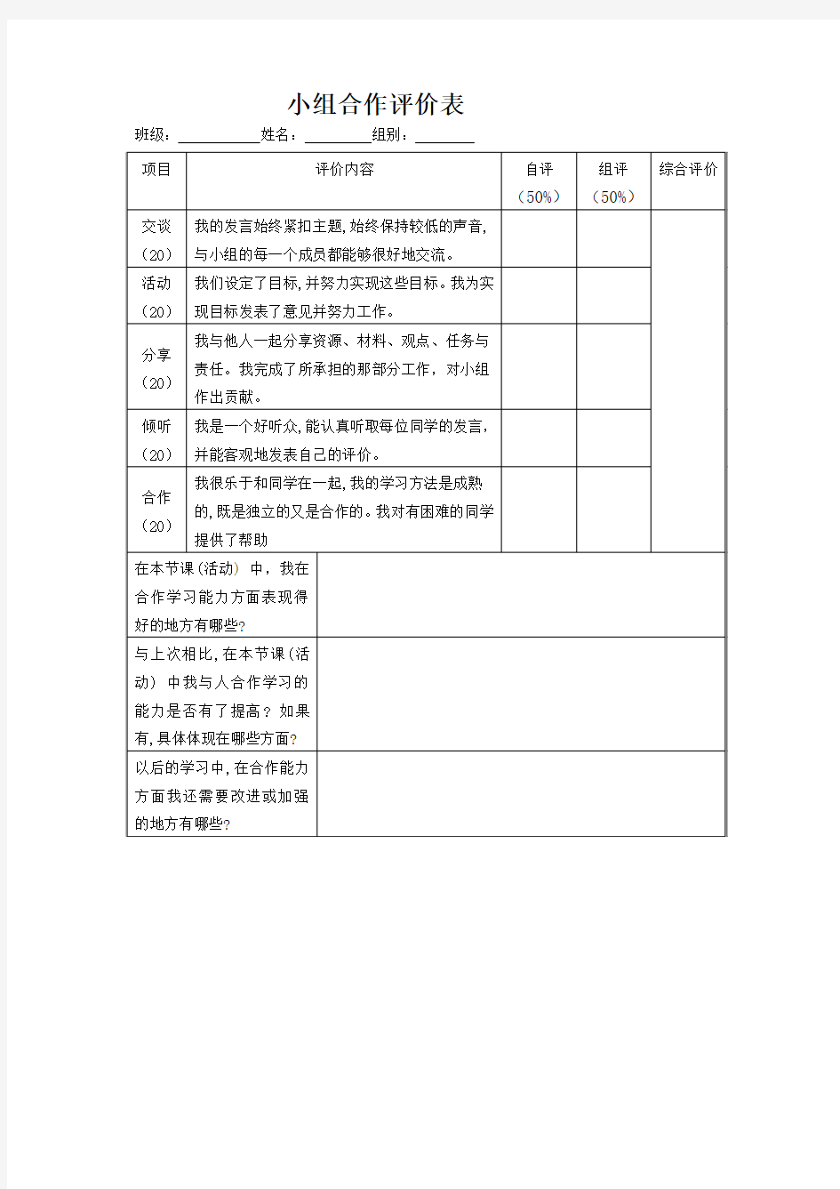 小组合作自我评价表