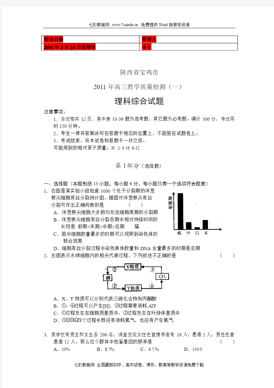 (考试必备)陕西省宝鸡市2011届高三教学质量检测一理综