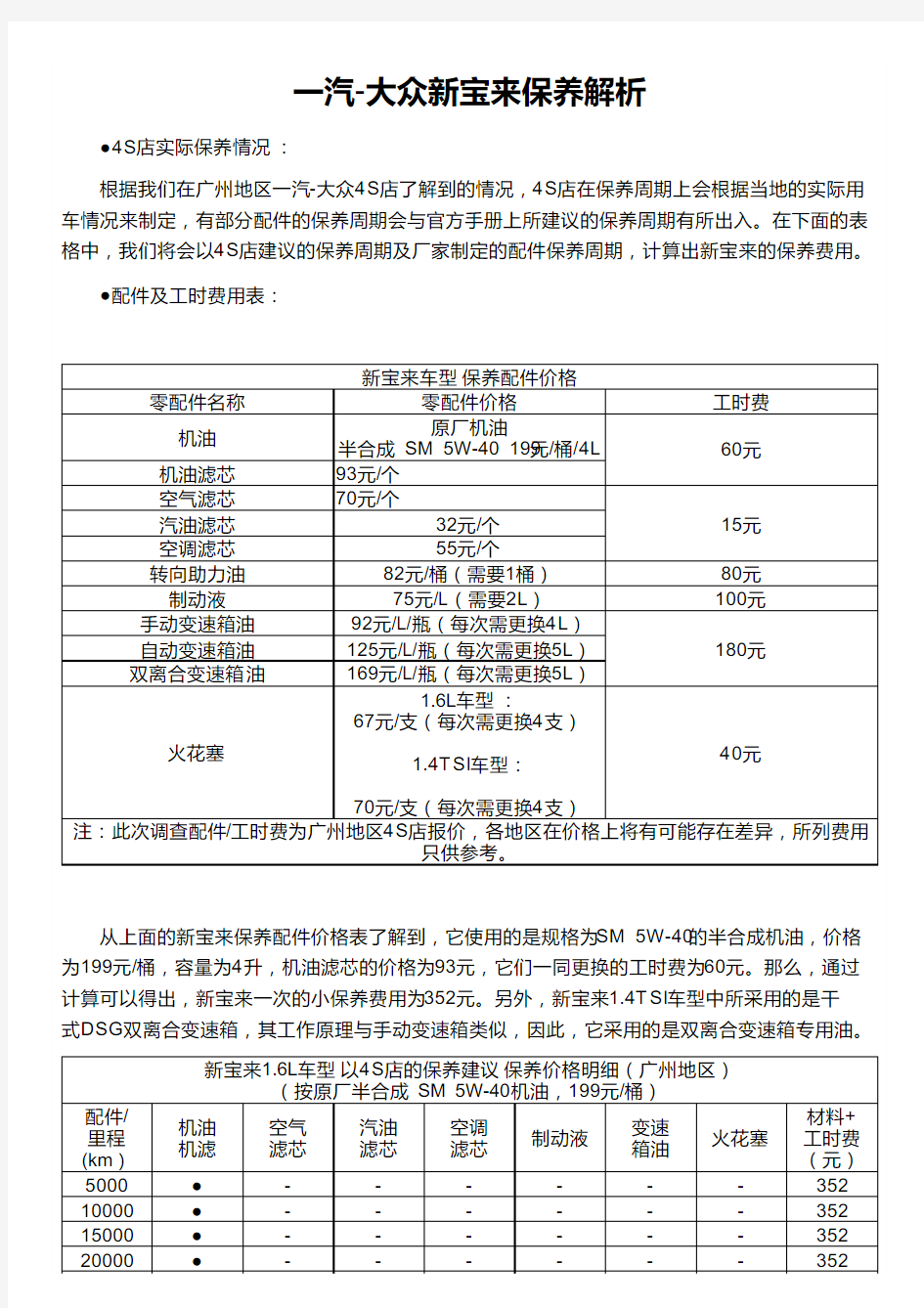 一汽-大众新宝来保养解析